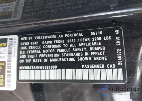 2010 Volkswagen Eos Komfort из США, поврежденный, VIN WVWBA7AH4AV024809